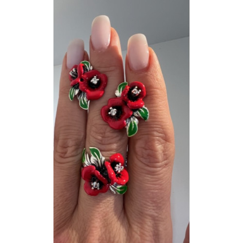 Серебряное кольцо Маки с эмалью